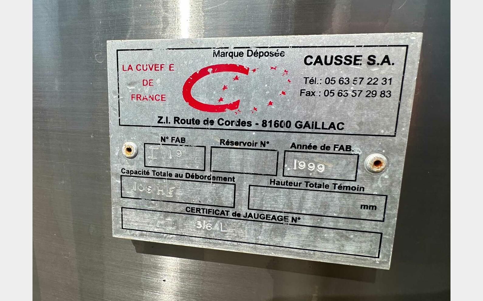 Cuve inox 316 thermor&eacute;gul&eacute;e 105 HL (10 500 litres) CUVERIE DE FRANCE