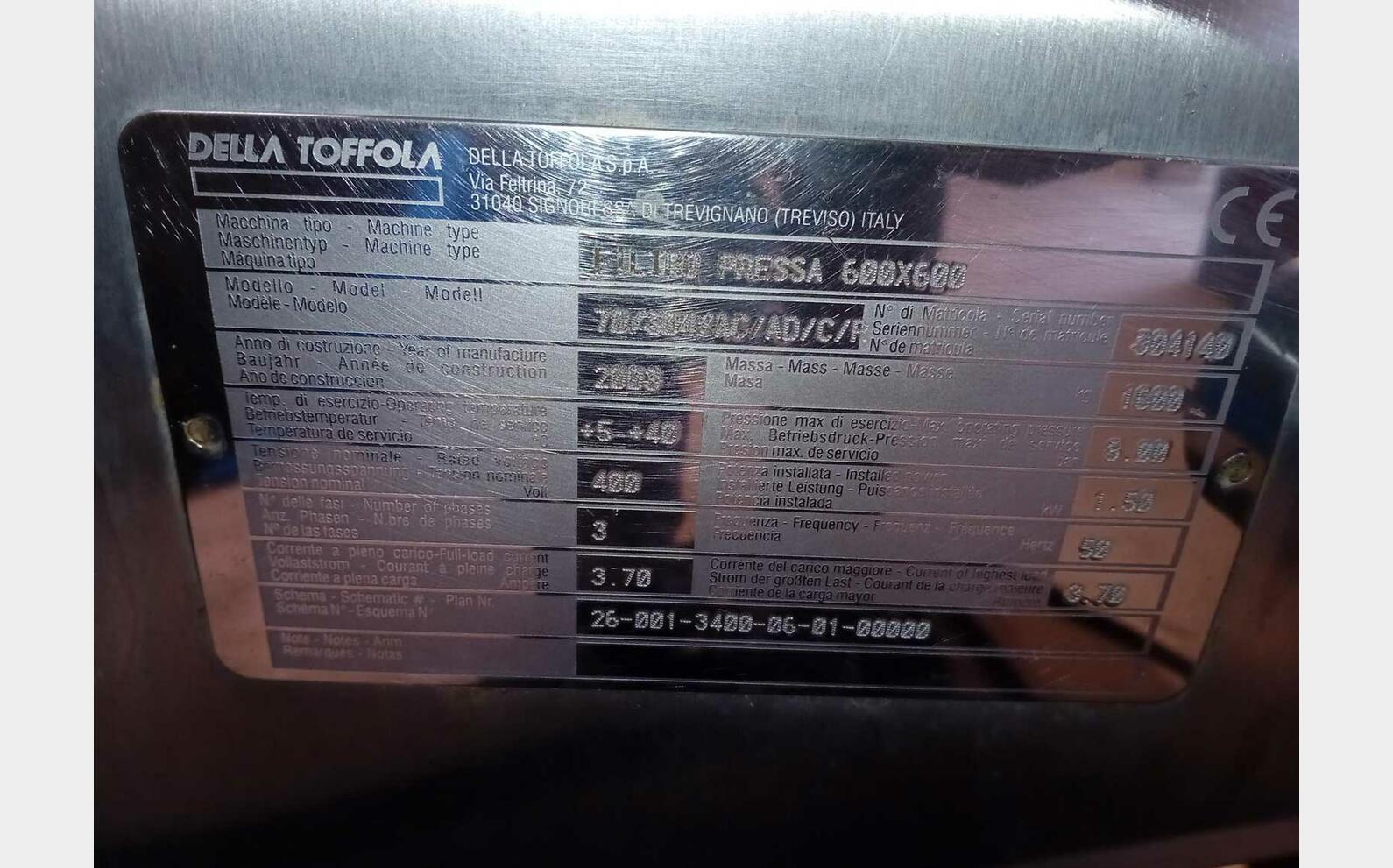 Filter press - 600 &times; 600 - 70 plates 26m2 DELLA TOFFOLA