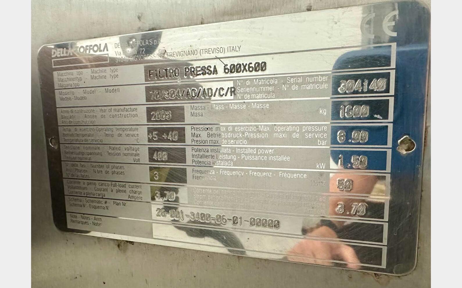 Filtre presse - 600 X 600 - 60 plaques 26m2 DELLA TOFFOLA