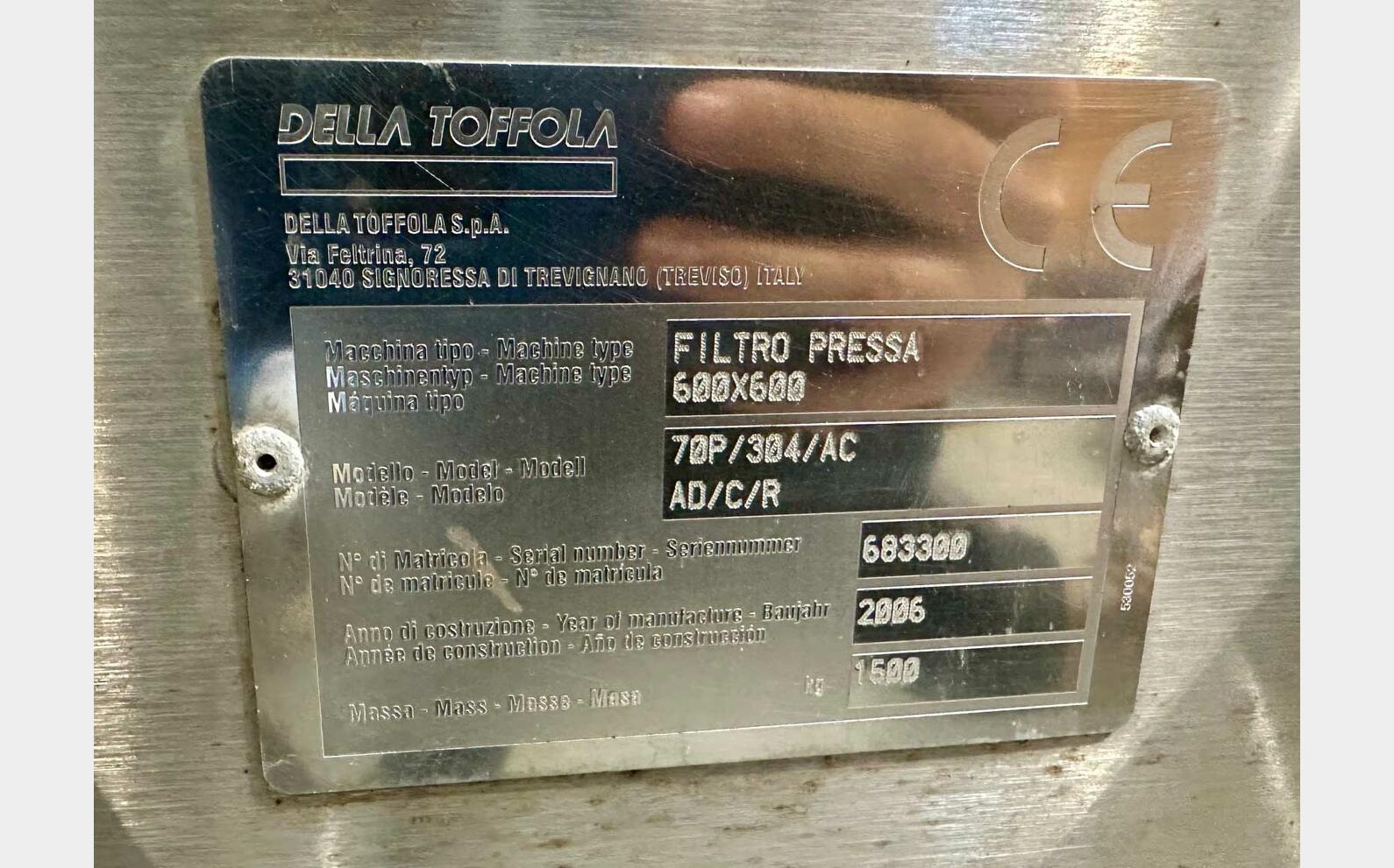 Filtre presse - 600 X 600 - 70 plaques 26m2 DELLA TOFFOLA