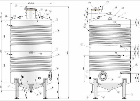 Cuve sur pieds avec circuit coquillé - Inox 316 L  Volume : 10 200 litres