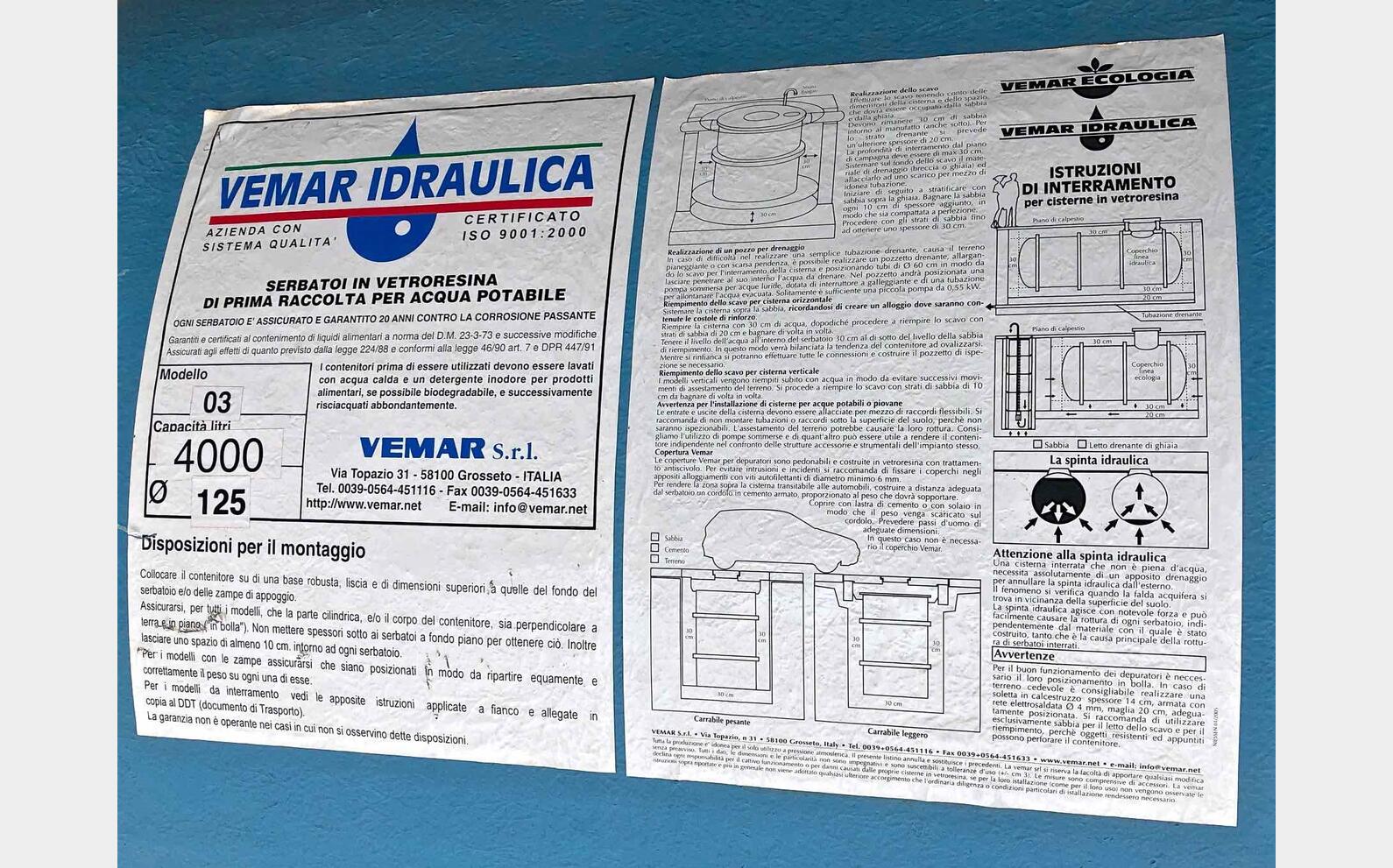 Cuve fibre enterrable eau potable MATERIEL NEUF Marque : VEMAR