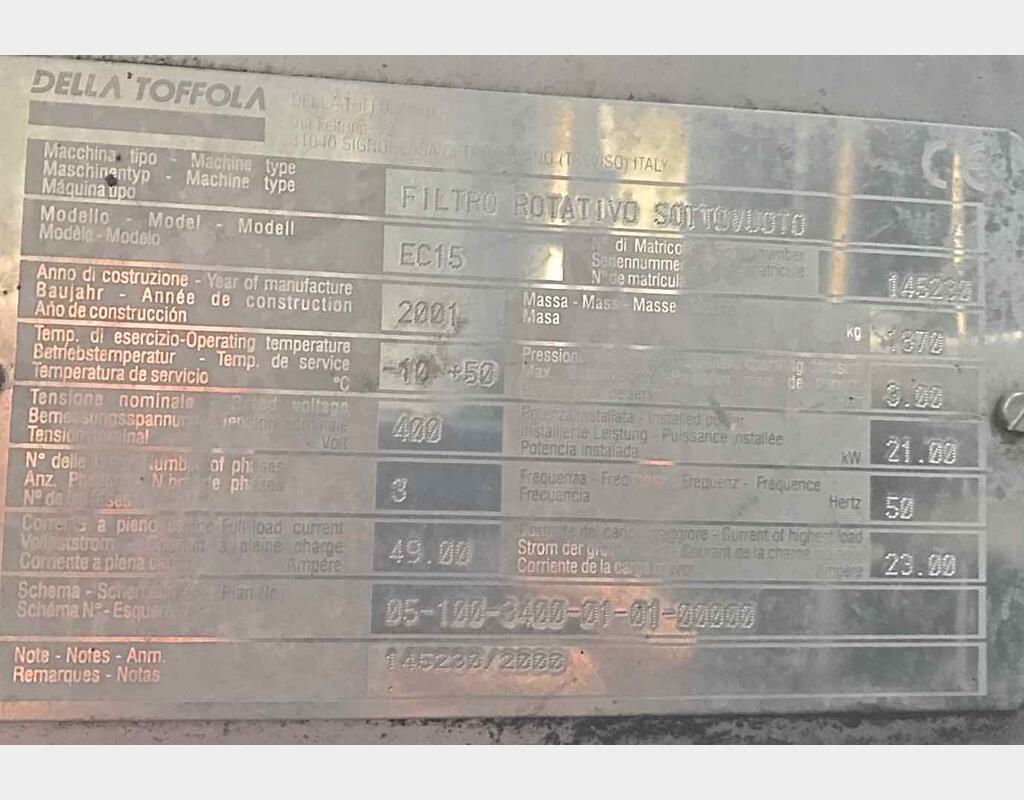 Filtre rotatif sous vide de 15 m2 - Marque : DELLA TOFFOLA