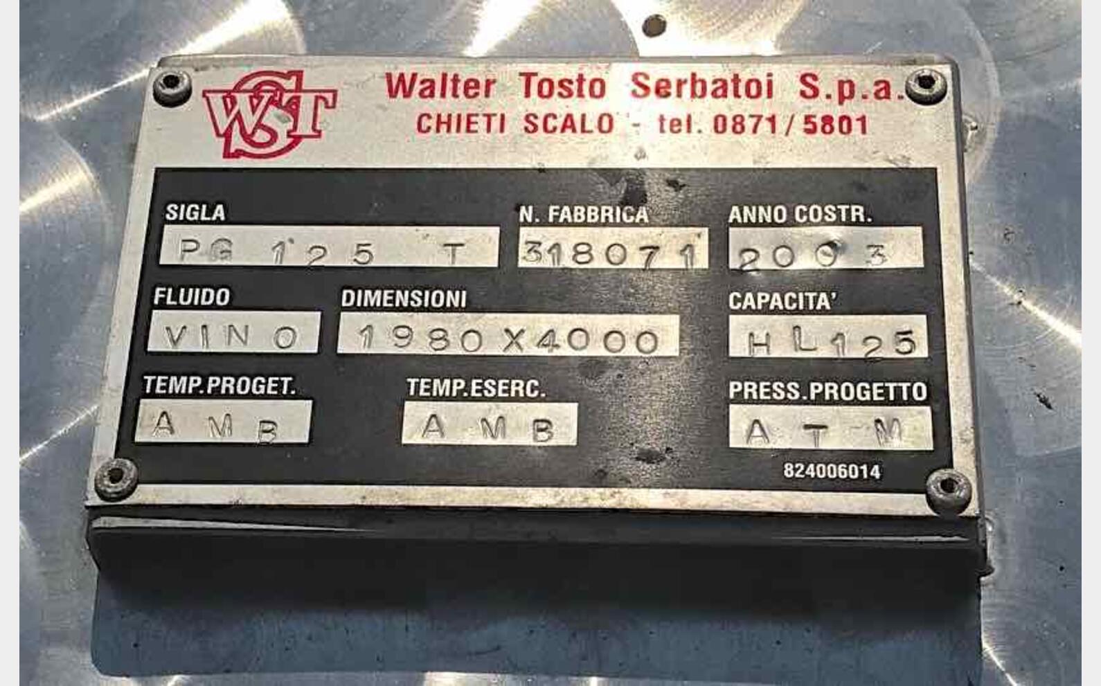 Cuve inox Marque : WALTER TOSTO SERBATOI
