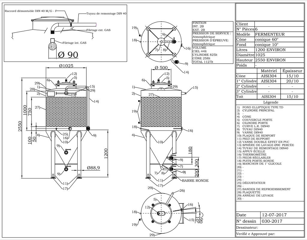 Cuve fermée sur pieds INOX 304 - Cylindro-conique de 1200 litres